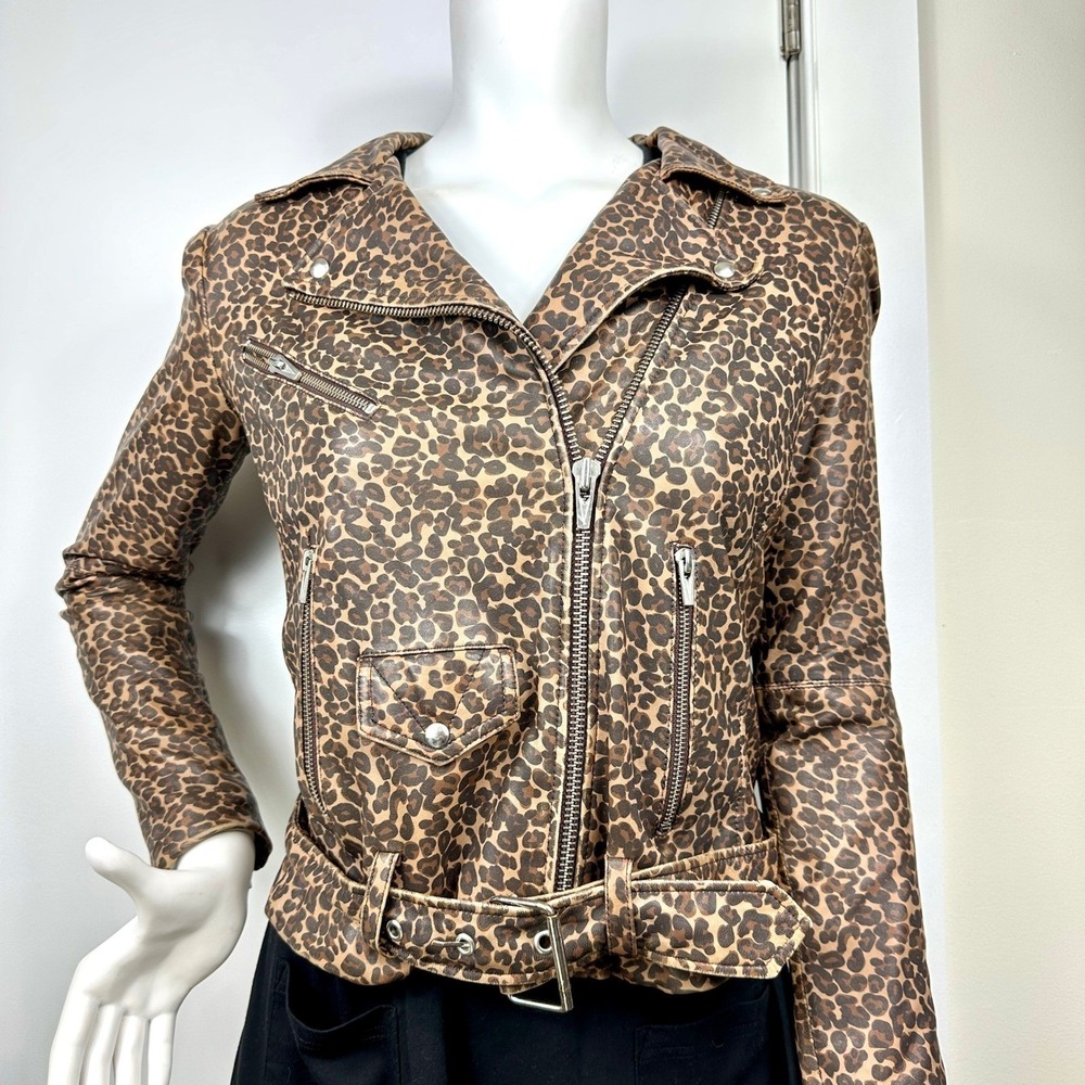 Leopard Print Leather Jacket Small Belted Moto Grunge Edgy Streetwear Festival - Picture 4 of 12